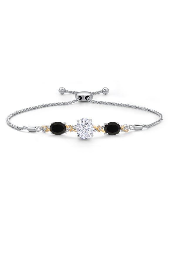 925 Silver & 10K Yellow Gold White Moissanite Black Onyx & Lab Grown Diamond Bracelet for Women | 6.26 Cttw | Gemstone | Oval 10X8MM and 8X6MM | Fully Adjustable 9 inch