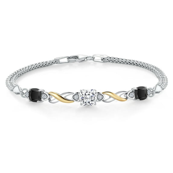 Gem Stone King 925 Silver and 10K Yellow Gold White Moissanite and Black Onyx and White Lab Grown Diamond Bracelet for Women (2.25 Cttw, Gemstone, Cushion 6MM, 6.5 inches, Made in Italy)