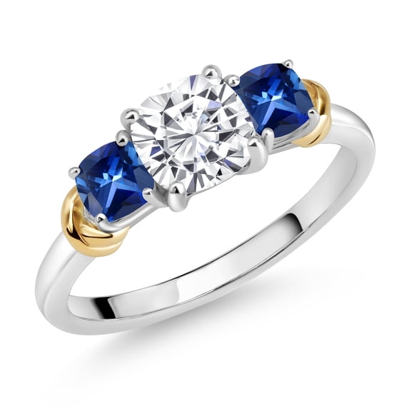 Gem Stone King 925 Silver and 10K Yellow Gold White Moissanite and Blue Created Sapphire 3 Stone Engagement Ring for Women (1.79 Cttw, Cushion Cut 6MM and 4MM, Available in Size 5, 6, 7, 8, 9)