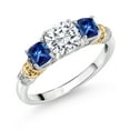 thumbnail image 1 of Gem Stone King 925 Silver and 10K Yellow Gold White Moissanite and Blue Created Sapphire and Diamond 3-Stone Ring for Women (1.82 Cttw, Gemstone Birthstone, Cushion 6MM and 4MM, Size 5), 1 of 3