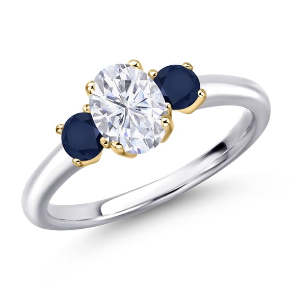 Gem Stone King 925 Silver and 10K Yellow Gold White Moissanite and Blue Sapphire Engagement Ring for Women | 1.34 Cttw | Oval 7X5MM | Gemstone Birthstone | Size 6