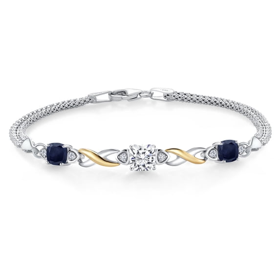 Gem Stone King 925 Silver and 10K Yellow Gold White Moissanite and Blue Sapphire and White Lab Grown Diamond Bracelet for Women (2.69 Cttw, Gemstone, Asscher Cut 6MM, 6.5 inches, Made in Italy)