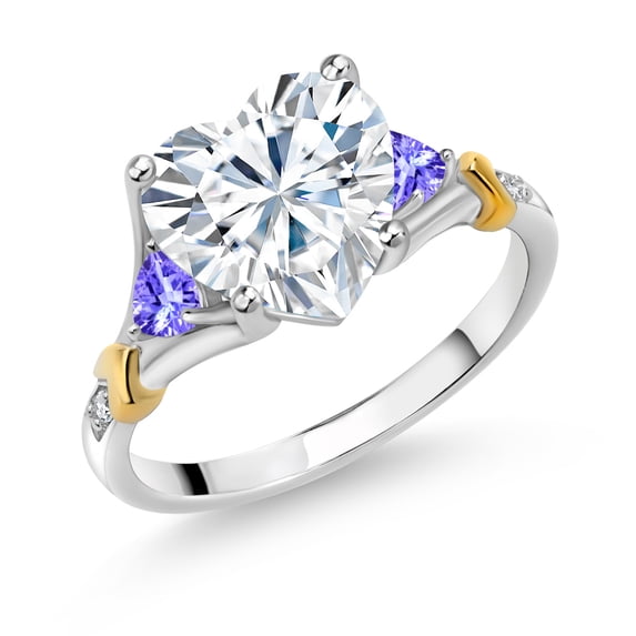 Gem Stone King 925 Silver and 10K Yellow Gold White Moissanite and Blue Tanzanite and White Diamond Engagement Ring for Women | 4.06 Cttw | Heart Shape 10MM | Gemstone Birthstone | Size 9
