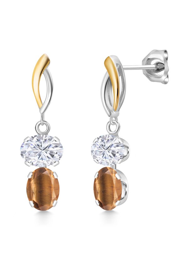 925 Silver and 10K Yellow Gold White Moissanite and Brown Tiger Eye Dangle Earrings for Women | 5.50 Cttw | Gemstone Birthstone | Oval 8X6MM