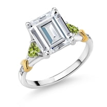 Gem Stone King 925 Silver and 10K Yellow Gold White Moissanite and Green Peridot and Diamond Engagement Ring for Women (3.93 Cttw, Emerald Cut 10X8MM, Trillion 3.5MM, Size 8)