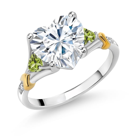 Gem Stone King 925 Silver and 10K Yellow Gold White Moissanite and Green Peridot and White Diamond Engagement Ring for Women | 4.08 Cttw | Heart Shape 10MM | Gemstone Birthstone | Size 7