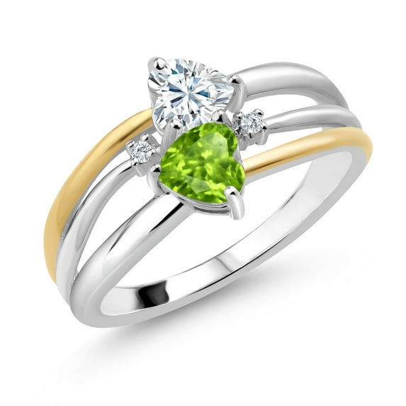 Gem Stone King 925 Silver and 10K Yellow Gold White Moissanite and Green Peridot and White Lab Grown Diamond Band Ring for Women (0.94 Cttw, Gemstone, Heart Shape 5MM, Size 8)