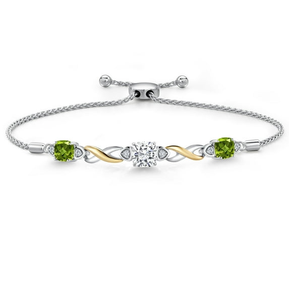 Gem Stone King 925 Silver and 10K Yellow Gold White Moissanite and Green Peridot and White Lab Grown Diamond Bracelet for Women | 2.39 Cttw | Gemstone | Cushion 6MM | Fully Adjustable 9 inch