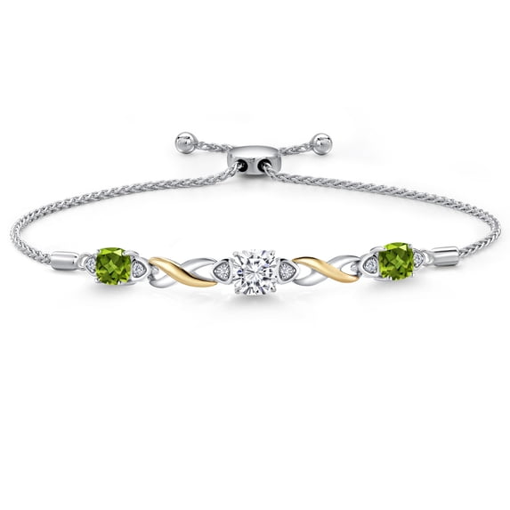 Gem Stone King 925 Silver and 10K Yellow Gold White Moissanite and Green Peridot and White Lab Grown Diamond Bracelet for Women | 2.49 Cttw | Gemstone | Asscher Cut 6MM | Fully Adjustable 9 inch