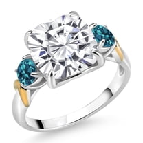 Gem Stone King 925 Silver and 10K Yellow Gold White Moissanite and London Blue Topaz 3 Stone Ring for Women (5.66 Cttw, Gemstone Birthstone, Cushion 10MM, Round 4MM, Size 9)