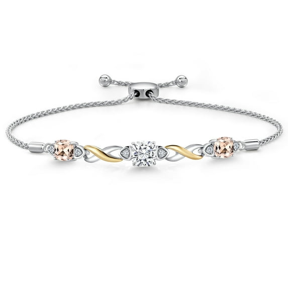 Gem Stone King 925 Silver and 10K Yellow Gold White Moissanite and Peach Morganite and White Lab Grown Diamond Bracelet for Women | 2.33 Cttw | Gemstone | Asscher Cut 6MM | Fully Adjustable 9 inch