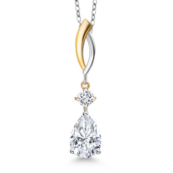 Gem Stone King 925 Silver and 10K Yellow Gold White Moissanite Pendant Necklace for Women | 2.18 Cttw | Gemstone Birthstone | Pear Shape 10X7MM | With 18 inch Chain
