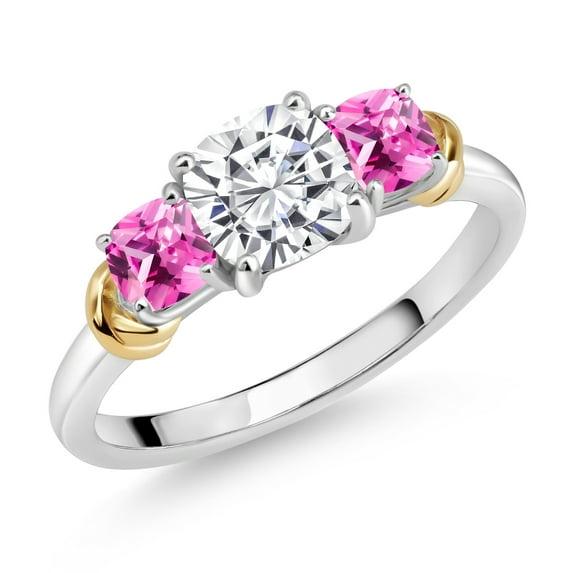 Gem Stone King 925 Silver and 10K Yellow Gold White Moissanite and Pink Created Sapphire 3 Stone Engagement Ring for Women (1.79 Cttw, Cushion Cut 6MM and 4MM, Available in Size 5, 6, 7, 8, 9)