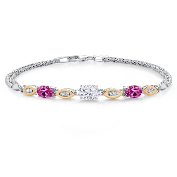 Gem Stone King 925 Silver and 10K Yellow Gold White Moissanite and Pink Created Sapphire and White Lab Grown Diamond Bracelet for Women (1.96 Cttw, Gemstone, Oval, Wheat Chain, 6.5 inches)