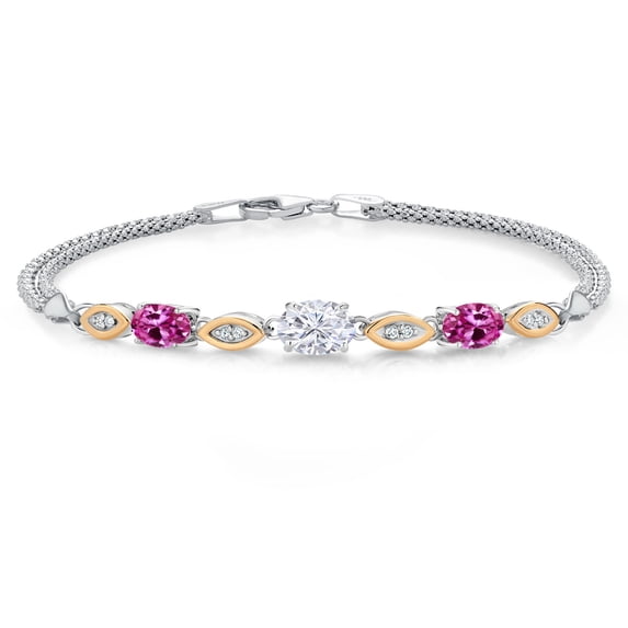 Gem Stone King 925 Silver and 10K Yellow Gold White Moissanite and Pink Created Sapphire and White Lab Grown Diamond Bracelet for Women (1.96 Cttw, Gemstone, Oval, Wheat Chain, 6.5 inches)