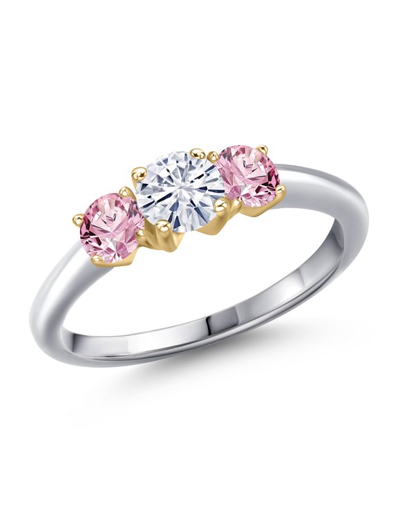 925 Silver and 10K Yellow Gold White Moissanite and Pink Lab Grown Diamond Engagement Ring for Women | 1.00 Cttw | Round 5MM | Gemstone Birthstone | Size 5
