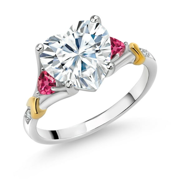 Gem Stone King 925 Silver and 10K Yellow Gold White Moissanite Pink Tourmaline & Diamond Engagement Ring for Women | 4.04 Cttw | Heart Shape 10MM | Gemstone Birthstone | Size 5,6,7,8,9