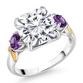 thumbnail image 1 of Gem Stone King 925 Silver and 10K Yellow Gold White Moissanite and Purple Amethyst 3 Stone Ring for Women (5.50 Cttw, Gemstone Birthstone, Cushion 10MM, Round 4MM, Size 5), 1 of 3