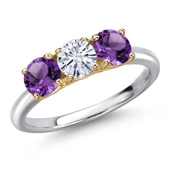 Gem Stone King 925 Silver and 10K Yellow Gold White Moissanite and Purple Amethyst Engagement Ring for Women | 1.45 Cttw | Round 5MM | Gemstone Birthstone | Size 5