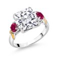 thumbnail image 1 of Gem Stone King 925 Silver and 10K Yellow Gold White Moissanite and Red Created Ruby 3 Stone Ring for Women (5.50 Cttw, Gemstone Birthstone, Cushion 10MM, Round 4MM, Size 7), 1 of 3