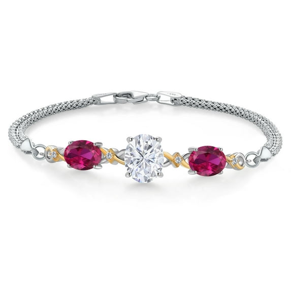 Gem Stone King 925 Silver and 10K Yellow Gold White Moissanite and Red Created Ruby and Lab Grown Diamond Bracelet for Women (5.76 Cttw, Oval 10X8MM and 8X6MM, 7 inch, Made in Italy)
