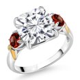 thumbnail image 1 of Gem Stone King 925 Silver and 10K Yellow Gold White Moissanite and Red Garnet 3 Stone Ring for Women (5.74 Cttw, Gemstone Birthstone, Cushion 10MM, Round 4MM, Size 5), 1 of 3