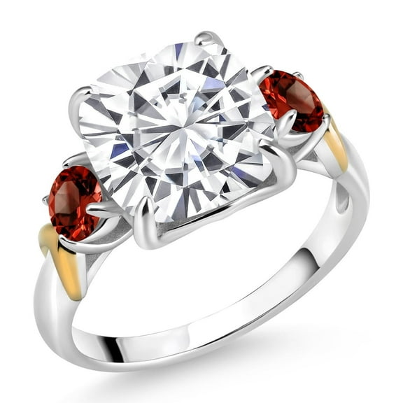 Gem Stone King 925 Silver and 10K Yellow Gold White Moissanite and Red Garnet 3 Stone Ring for Women (5.74 Cttw, Gemstone Birthstone, Cushion 10MM, Round 4MM, Size 8)