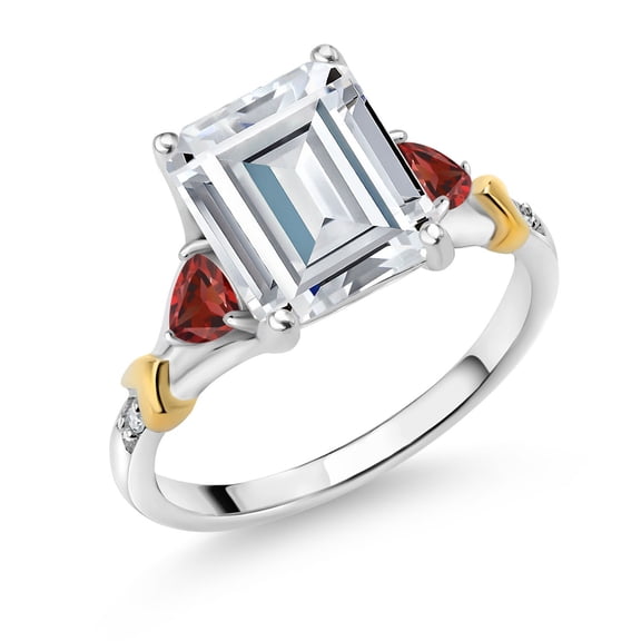 Gem Stone King 3.97 Cttw White Moissanite Red Garnet and Diamond Engagement Ring for Women |925 Silver and 10K Yellow Gold | Emerald Cut 10X8MM and Trillion 3.5MM | Size 5, 6, 7, 8, 9 | Size 5