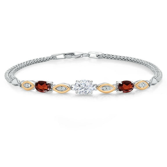 Gem Stone King 925 Silver and 10K Yellow Gold White Moissanite and Red Garnet and White Lab Grown Diamond Bracelet for Women (2.10 Cttw, Gemstone, Oval, Wheat Chain, 7 inches)