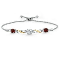 Gem Stone King 925 Silver and 10K Yellow Gold White Moissanite and Red Garnet and White Lab Grown Diamond Bracelet for Women | 2.79 Cttw | Gemstone | Cushion 6MM | Fully Adjustable 9 inch