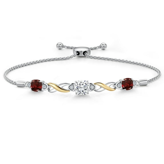 Gem Stone King 925 Silver and 10K Yellow Gold White Moissanite and Red Garnet and White Lab Grown Diamond Bracelet for Women | 2.89 Cttw | Gemstone | Asscher Cut 6MM | Fully Adjustable 9 inch