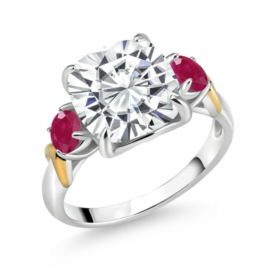 Gem Stone King 925 Silver and 10K Yellow Gold White Moissanite and Red Ruby 3 Stone Ring for Women (5.70 Cttw, Gemstone Birthstone, Cushion 10MM, Round 4MM, Size 8)