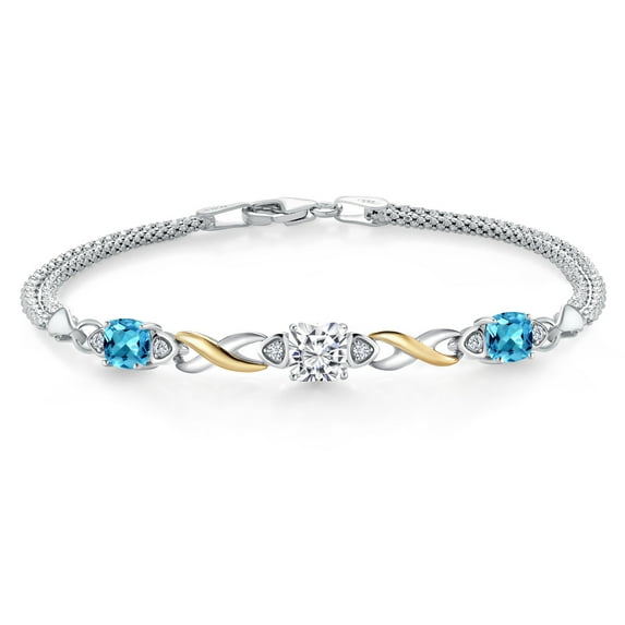Gem Stone King 925 Silver and 10K Yellow Gold White Moissanite and Swiss Blue Topaz and White Lab Grown Diamond Bracelet for Women (2.49 Cttw, Gemstone, Cushion 6MM, 6.5 inches, Made in Italy)