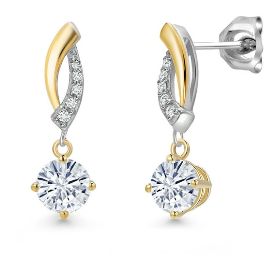 Gem Stone King 925 Silver and 10K Yellow Gold White Moissanite and White Lab Grown Diamond Dangle Earrings for Women | 0.71 Cttw | Gemstone Birthstone | Round 4.5MM