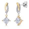 thumbnail image 1 of Gem Stone King 925 Silver and 10K Yellow Gold White Moissanite and White Lab Grown Diamond Dangle Earrings for Women | 1.65 Cttw | Gemstone Birthstone | Princess 5MM, 1 of 6