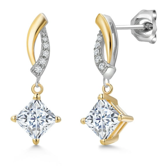 Gem Stone King 925 Silver and 10K Yellow Gold White Moissanite and White Lab Grown Diamond Dangle Earrings for Women | 1.65 Cttw | Gemstone Birthstone | Princess 5MM