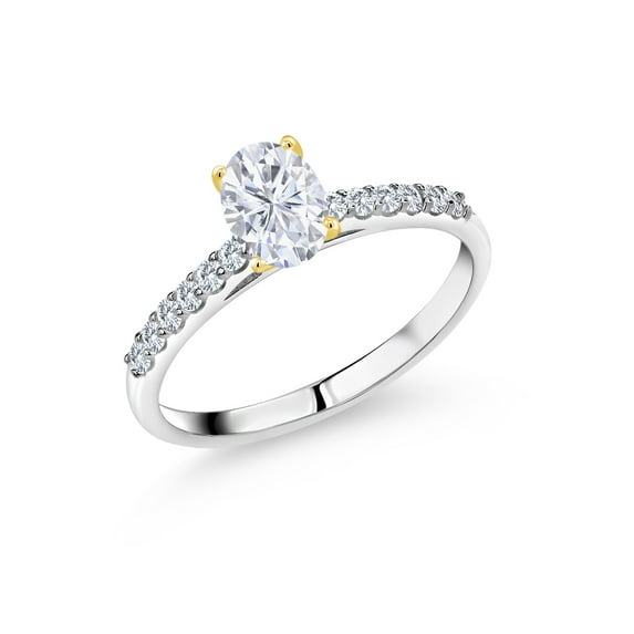 Gem Stone King 925 Silver and 10K Yellow Gold White Moissanite and White Lab Grown Diamond Engagement Ring for Women | 1.08 Cttw | Oval 7X5MM | Gemstone Birthstone | Size 9