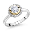 thumbnail image 1 of Gem Stone King 925 Silver and 10K Yellow Gold White Moissanite and White Lab Grown Diamond Halo Engagement Ring for Women (0.62 Cttw, Gemstone, Round 5MM, Size 5), 1 of 3