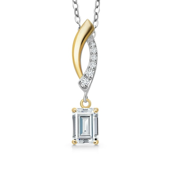 Gem Stone King 925 Silver and 10K Yellow Gold White Moissanite and White Lab Grown Diamond Pendant Necklace for Women | 0.60 Cttw | Gemstone Birthstone | Emerald Cut 6X4MM | With 18 inch Chain