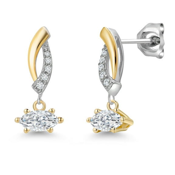 Gem Stone King 925 Silver and 10K Yellow Gold White Moissanite and White Lab Grown Diamond Stud Earrings for Women | 0.51 Cttw | Gemstone Birthstone | Marquise 6X3MM