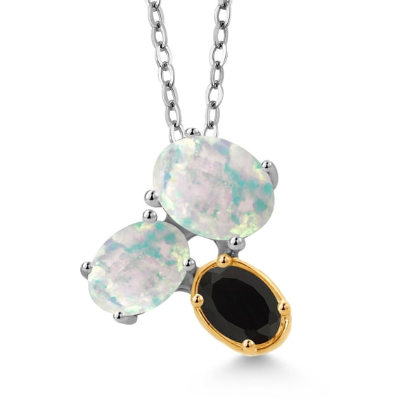Gem Stone King 925 Silver and 10K Yellow Gold White Opal and Black Onyx Pendant Necklace for Women (2.40 Cttw, Oval Cabochon 8X6MM, 7X5MM and 6X4MM, Gemstone October Birthstone, with 18 inch Chain)