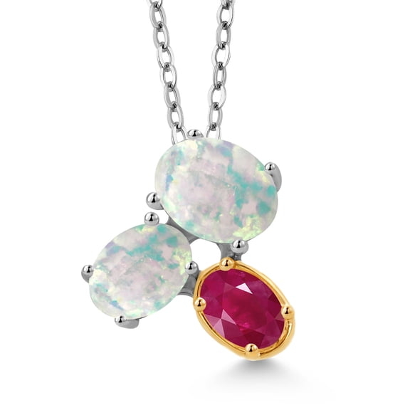 Gem Stone King 925 Silver and 10K Yellow Gold White Opal and Red Ruby Pendant Necklace for Women (2.60 Cttw, Oval Cabochon 8X6MM, 7X5MM and 6X4MM, Gemstone October Birthstone, with 18 inch Chain)