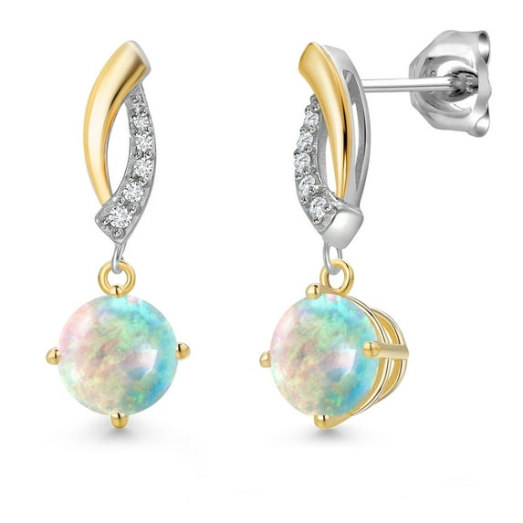 Gem Stone King 925 Silver and 10K Yellow Gold White Opal and White Lab Grown Diamond Dangle Earrings for Women | 0.65 Cttw | Gemstone October Birthstone | Round Cabochon 6MM