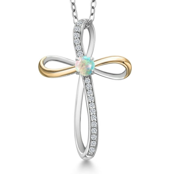 Gem Stone King 925 Silver and 10K Yellow Gold White Opal and White Lab Grown Diamond Pendant Necklace for Women | 0.38 Cttw | Gemstone October Birthstone | Round Cabochon 4MM | With 18 inch Chain