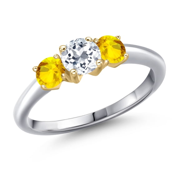 Gem Stone King 925 Silver and 10K Yellow Gold White Topaz and Yellow Sapphire Engagement Ring for Women | 1.32 Cttw | Round 5MM | Gemstone November Birthstone | Size 6