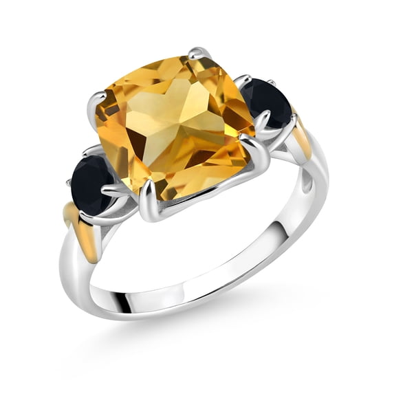 Gem Stone King 925 Silver and 10K Yellow Gold Yellow Citrine and Black Onyx 3 Stone Ring for Women (4.04 Cttw, Gemstone November Birthstone, Cushion 10MM, Round 4MM, Size 6)