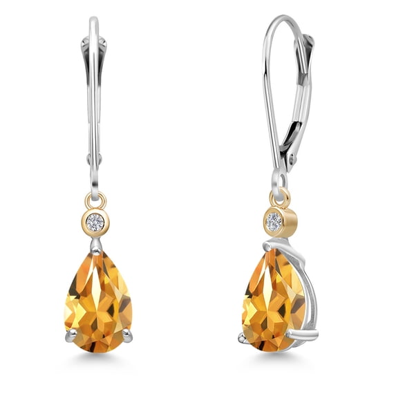 Gem Stone King 925 Silver and 10K Yellow Gold Yellow Citrine and Lab Grown Diamond Dangle Earrings for Women | 2.16 Cttw | Gemstone November Birthstone | Pear Shape 9X6MM