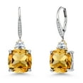 thumbnail image 1 of Gem Stone King 925 Silver and 10K Yellow Gold Yellow Citrine and Moissanite and Lab Grown Diamond Dangle Earrings for Women | 13.46 Cttw | Gemstone November Birthstone | Cushion 12MM, 1 of 6