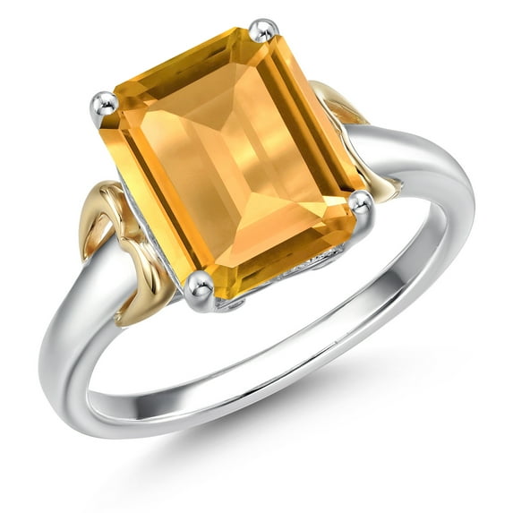 Gem Stone King 925 Silver and 10K Yellow Gold Yellow Citrine Solitaire Engagement Ring for Women | 2.90 Cttw | Emerald Cut 10X8MM | Gemstone November Birthstone | Size 9