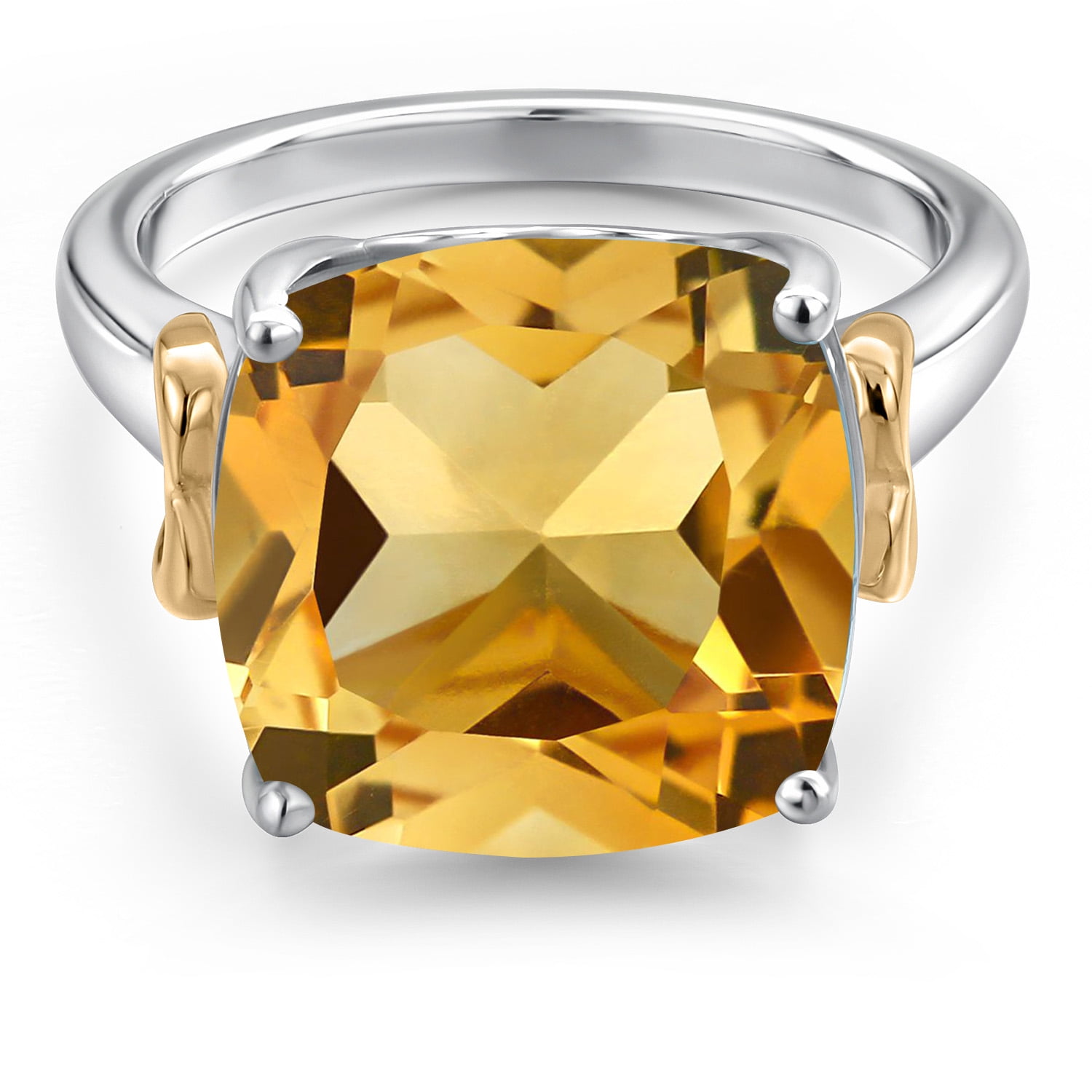 Gem Stone King 925 Silver and 10K Yellow Gold Yellow Citrine Solitaire Engagement Ring for Women | 6.50 Cttw | Cushion 12MM | Gemstone November Birthstone | Size 9